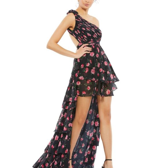 NWT Mac Duggal 70246 One Shoulder Ruffled Rose Floral High Low Gown Black - Picture 5 of 10